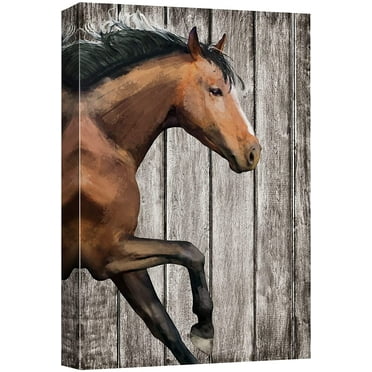 wall26 Canvas Print Wall Art Retro Wood Panel Brown Stallion Horse Nature Animals Digital Art Realism Decorative Farmhouse Zen Rustic Multicolor Wildlife for Living Room, Bedroom, Office - 12"x1