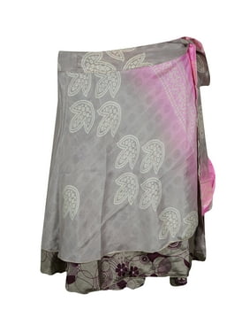 Mogul Women Gray Silk 2 Layer Sari Reversible Mini Printed Wrap Skirts