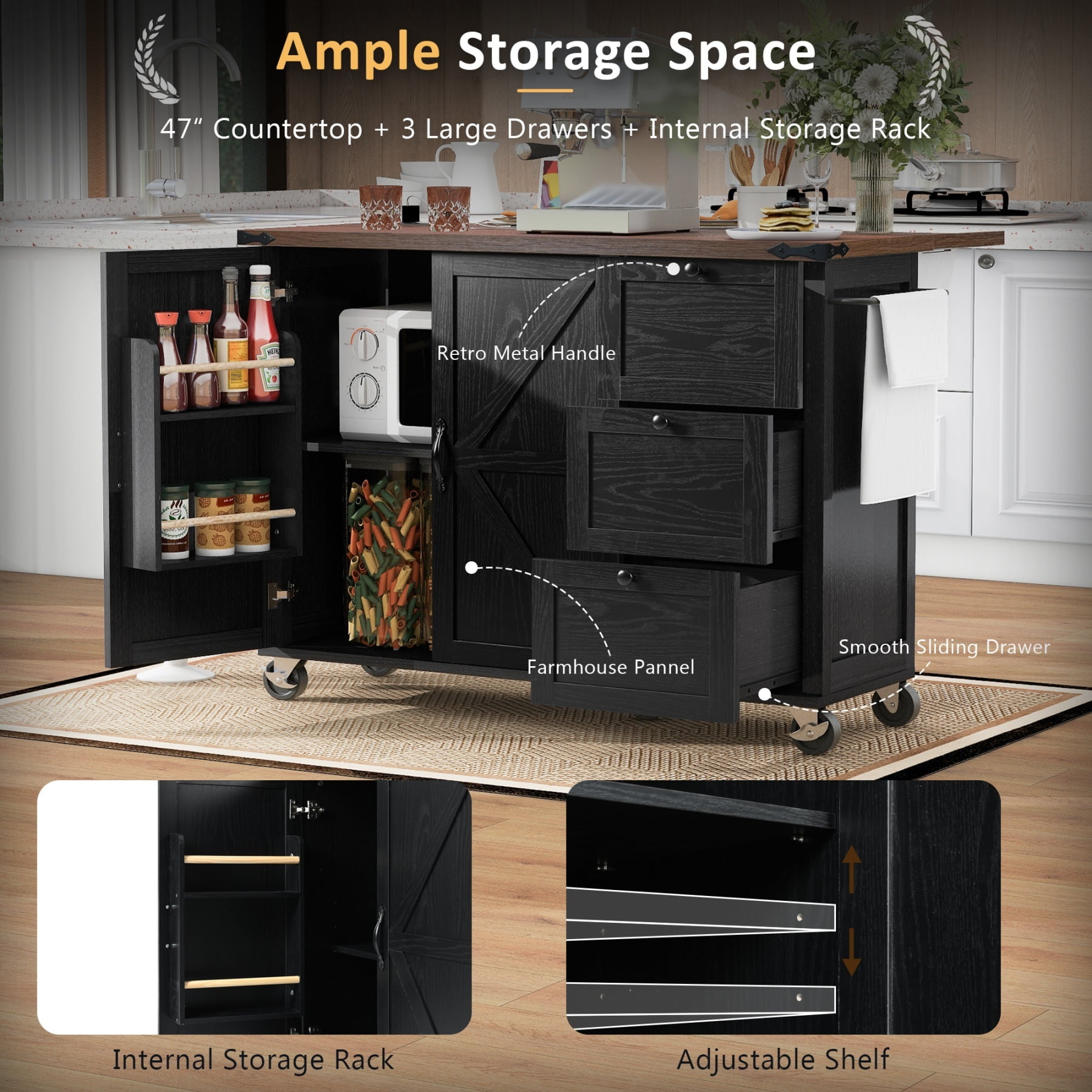 Alvantor 54.5'' Kitchen Island Carts with Power Outlet, Farmhouse Buffet Cabinet with Drop Leaf, Spice Rack and Drawer for Dining Room Living Room Black