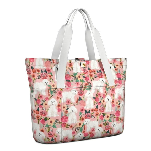 Tote Bag for Women - Bichon Frise Dog and Flower Shoulder Bag - Large Utility Work Duffle Bag with Zipper Handbag for Travel, Work, Sprots