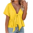 thumbnail image 2 of Pompotops Women's Solid Color Short Sleeve V Neck Blouses Ruffle Hem Tie Front Crop Summer Tops, 2 of 8