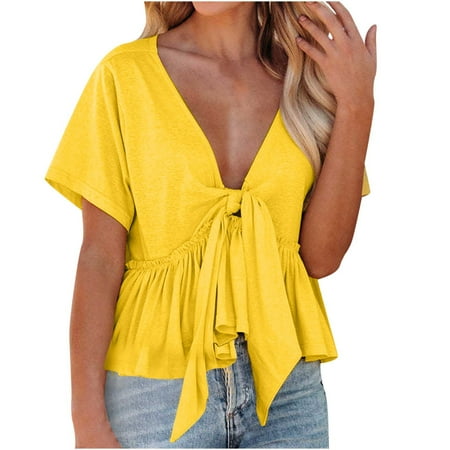 

Ziloco Short Sleeve V-Neck Blouses & Shirts Women s Solid Color Short Sleeve V Neck Blouses Ruffle Hem Tie Front Crop Summer Tops wo4134top White Corset Top