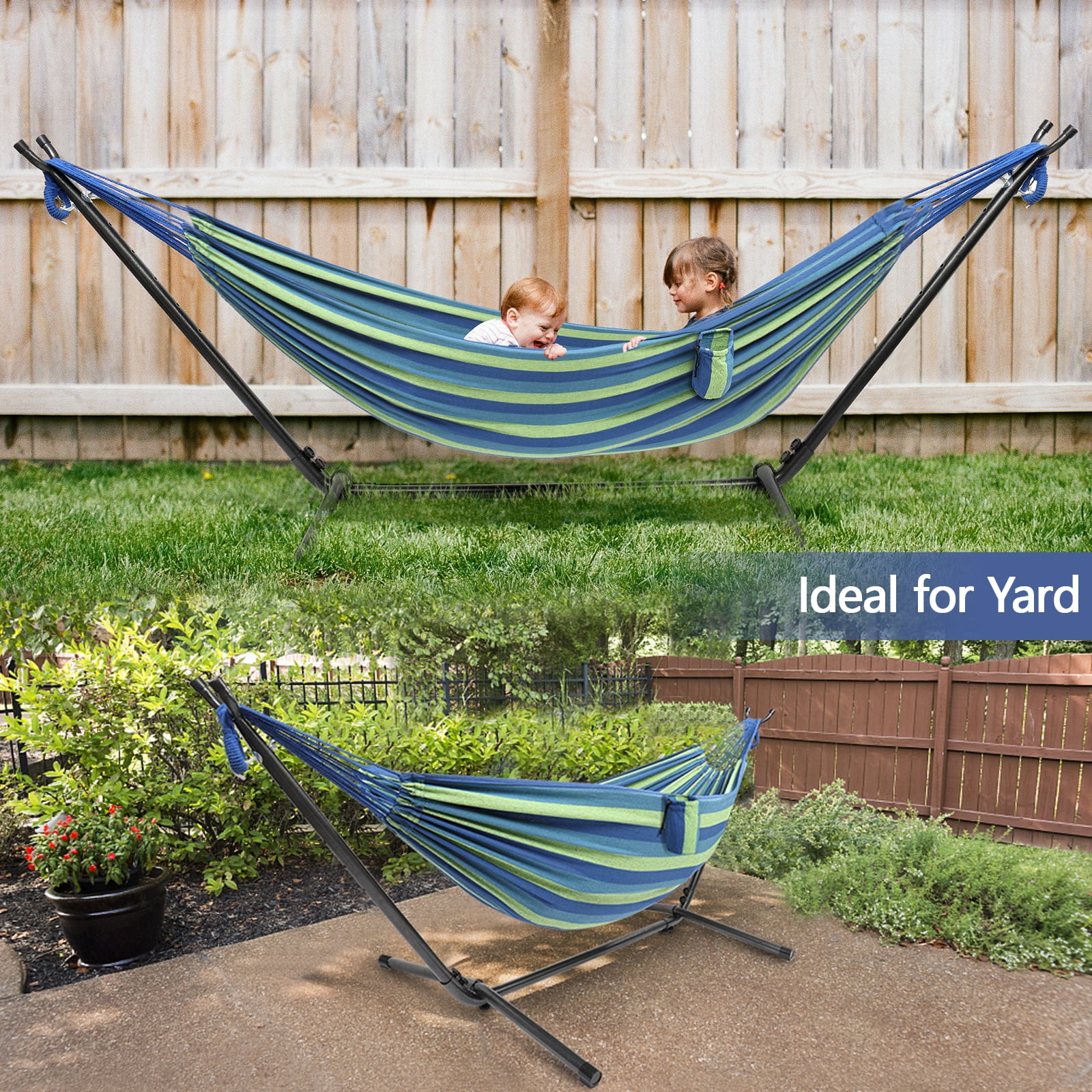 Ktaxon 9ft 200*150cm Polyester Cotton Hammock Hammock Set Blue Strip