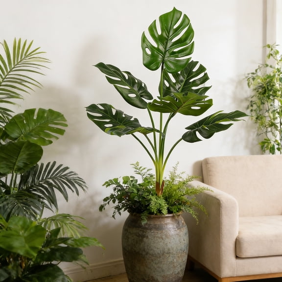 Lunxisen 2 Pcs Indoor Courtyard Decor Artificial Banana Monstera Philodendron Leaf Ornament Home Garden Tropical Greenery Decorative Piece