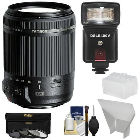 Tamron 18-200mm f/3.5-6.3 Di II VC Zoom Lens with 3 Filters + Flash & LED Video Light + Diffuser + Reflector + Kit for Canon EOS