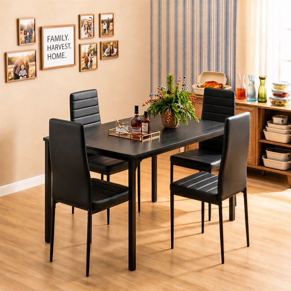 Asofer 5-Piece Dining Table Set for 4,PU LeatherUpholstered Kitchen Table & Chairs,Compact Small Space Dinette for Apartment & Dining Room,Black