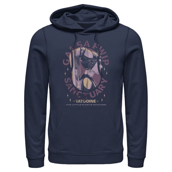 Men's Star Wars: The Book of Boba Fett Garsa Fwip Sanctuary Pull Over Hoodie Navy Blue Small