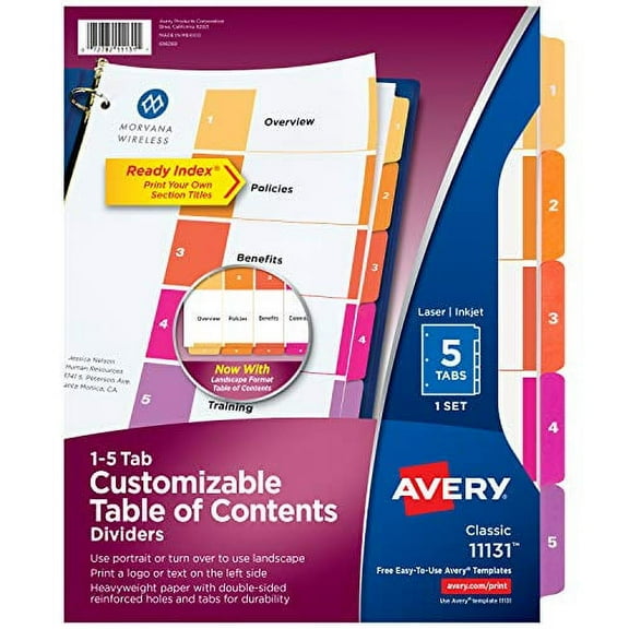 Avery 5-Tab Dividers for 3 Ring Binders, Customizable Table of Contents, Multicolor Tabs, 1 Set (11131)