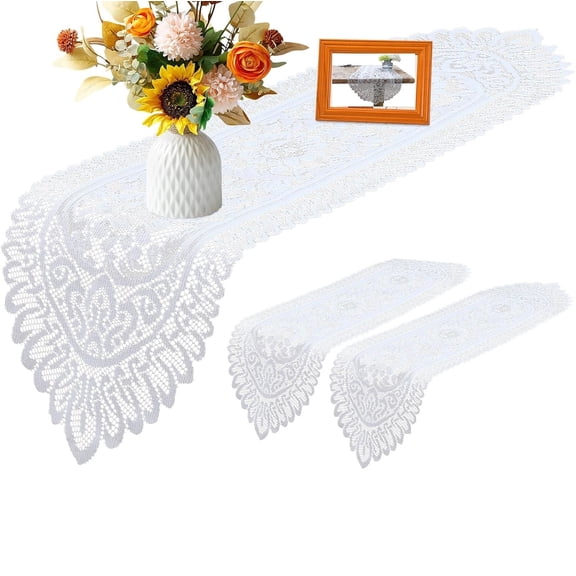 3Pack Cotton Crochet Lace Rectangular Table Runner Dresser Scarf Doilies (White Style, 13" X 45")