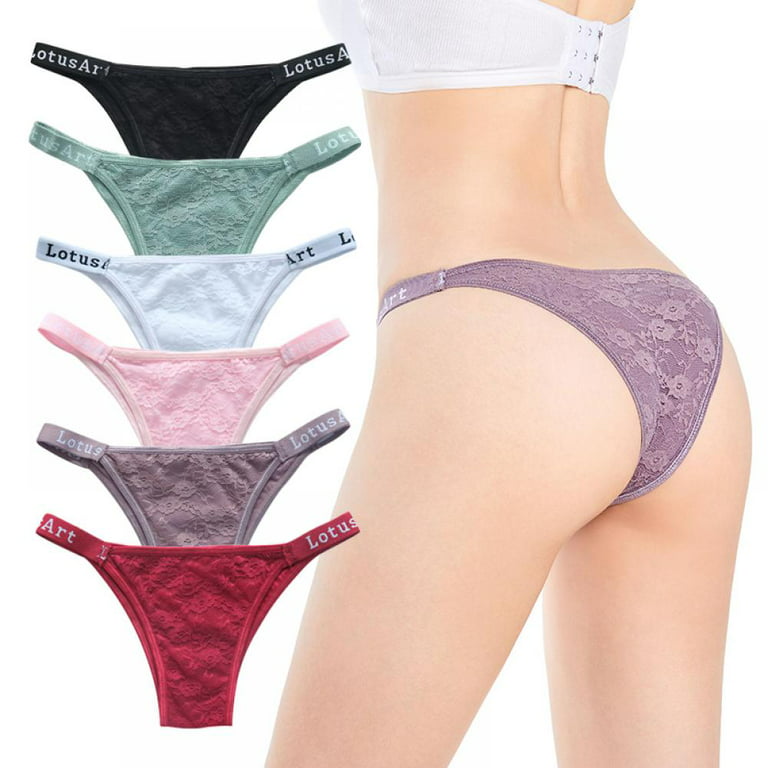 Popvcly 6 Pack Women Floral Lace Thong Seamless T-back Thongs Waistband  Logo Printed Underpants Low-Rise Soft Stretch Panties 