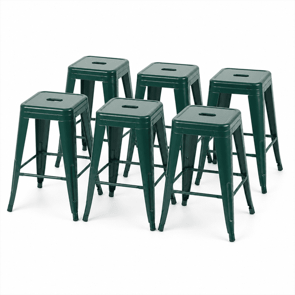 24 Inch Backless Metal Counter Stool Set of 6, Green, Stackable with Carry Hole and Footrest