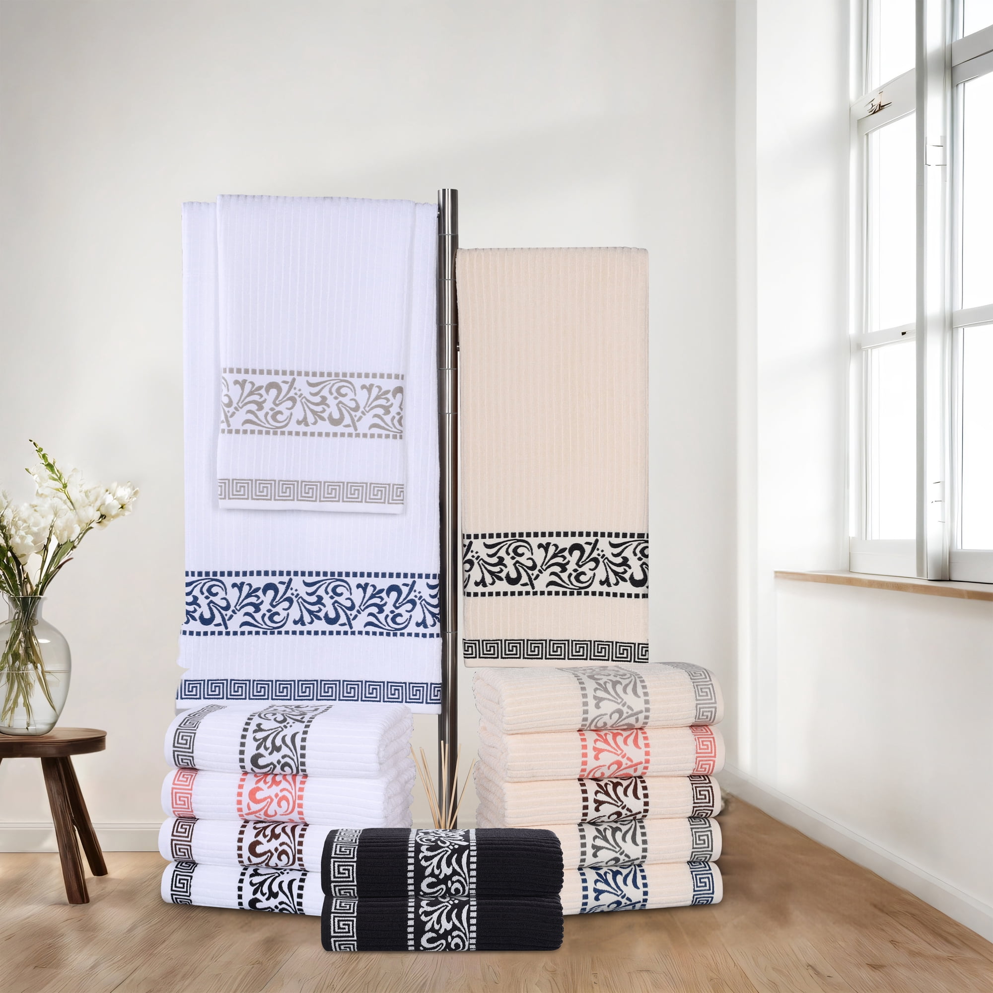 Decorative Assorted 8-Piece Cotton Luxury Bath Towel Set for Bathroom, 13" x 13”, 16” x 30”, 30” x 52”, Ivory-Chrome by Blue Nile Mills