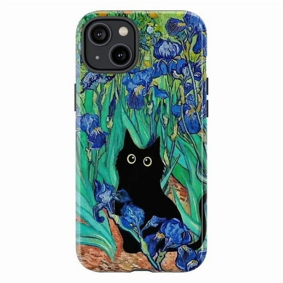 Black Cat in Irises iPhone Case – Floral Art Phone Cover, Cute Cat Design for iPhone 16 15 14 13 12 11 Pro Max