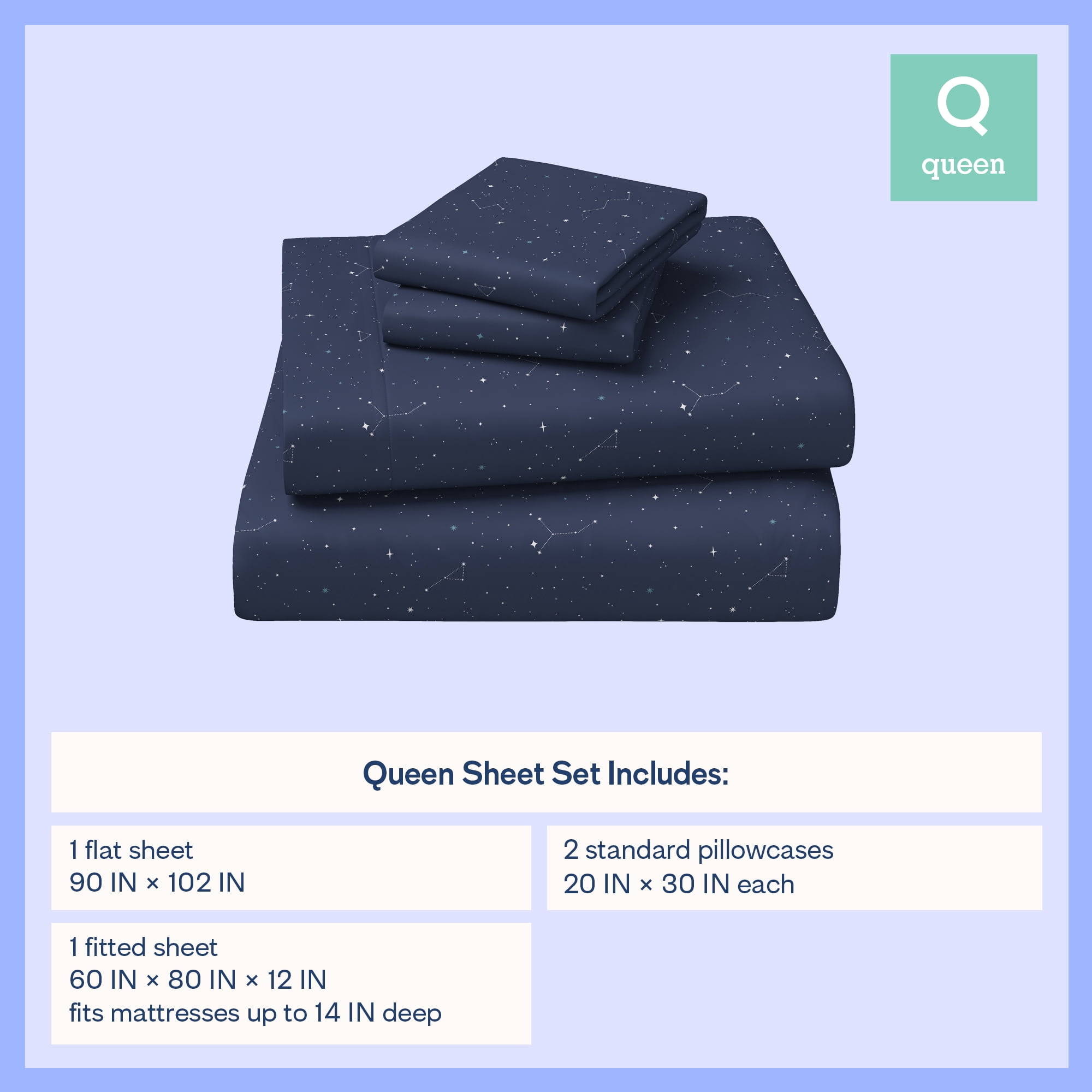 Mainstays Kids Microfiber Bed Sheet Set, Queen, Space, 4 Pieces