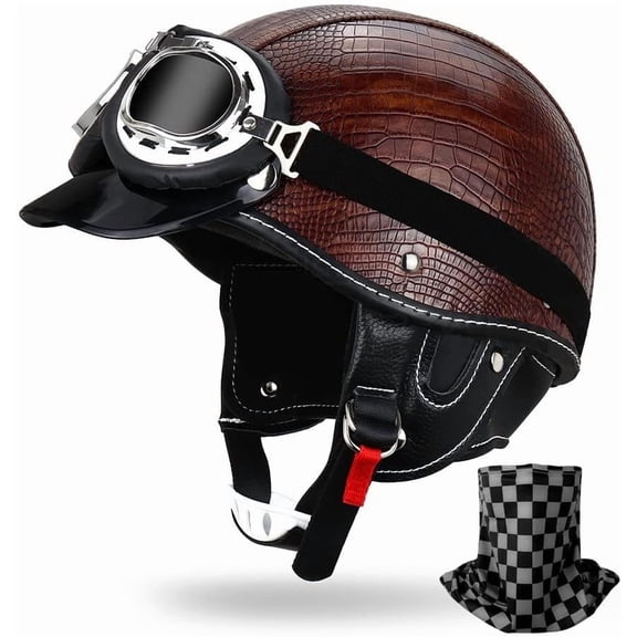 German Style Retro Motorcycle Half Open Face Leather Generic - DOT Approved Vintage Cap Shell Goggles for Men Women