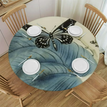 

Round Table Cover Elastic Tablecloth Green Lotus Softness Flower Grass Pond Leaf Branch Suitable