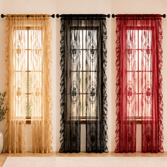 Lace Sheer Embroidered Window Curtain, Rod Pocket Light Filtering Drapes with Ruffled Design for Living Room Bedroom, Black Complements Any Decor Style 63x55in Panel