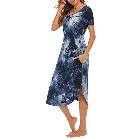 

Capreze Ladies Pajamas Short Sleeve Sleepwear V Neck Sleep Dress Fashion Nightgown Solid Color Sleepshirt Navy Blue S
