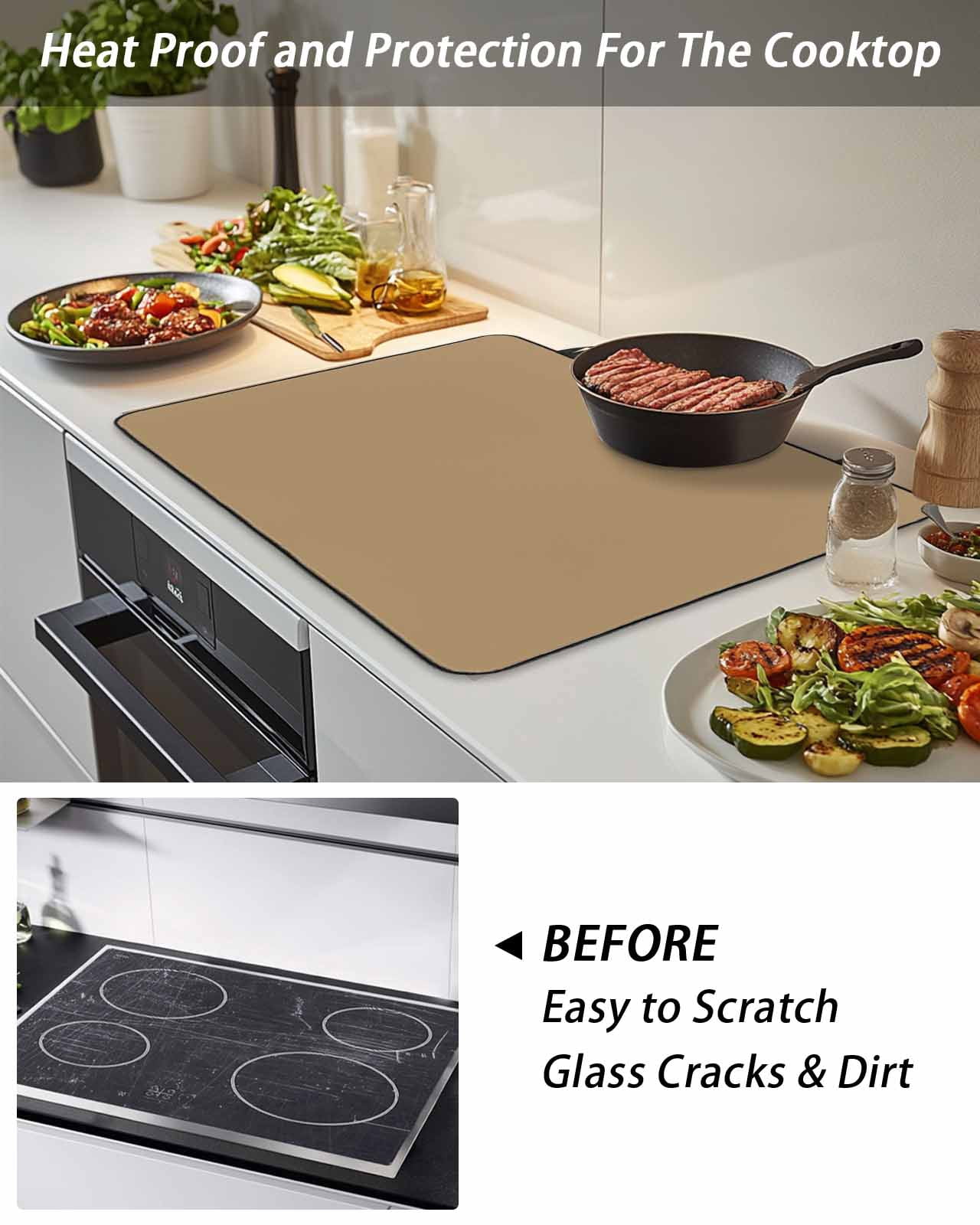 Stove Top Covers for Electric Stove, Pure Khaki Glass Stovetop Cover Protector, Simple Solid Color Induction Cooktop Protector Oven Mat for Kitchen Countertop 24"x21"