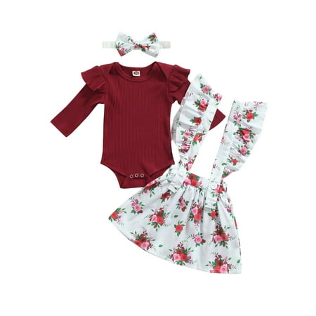 

Inevnen Baby Girl’s Long Sleeve Romper and Flower Suspender Skirt Headband