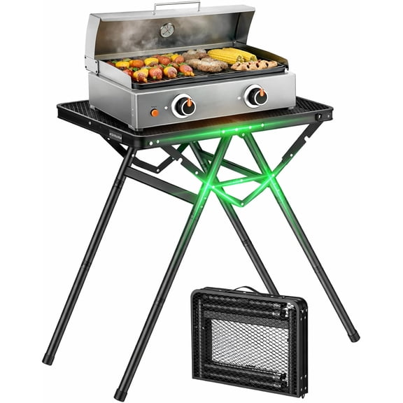 GARLLEN Folding Grill Table, 180LBS Load Capacity, 3 Adjustable Heights, Heat-Resistant Aluminum Top, Portable for BBQ Camping Outdoor