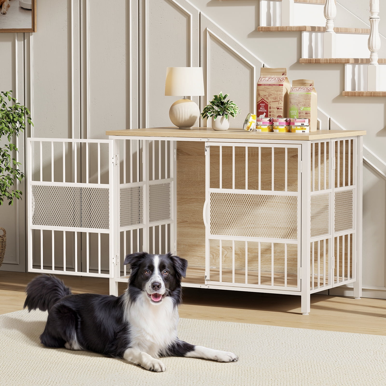 KINGTACK 41" Foldable Dog Crate Furniture, Heavy Duty Dog Cage for Medium Large Dogs, Chew Resistant Dog Kennel for Bedroom Living Room, White