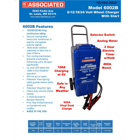 Associated 6002B - Charger, 6/12/18/24V 100/80/50/40A, 400 Amp Cranking Assist, Wheels
