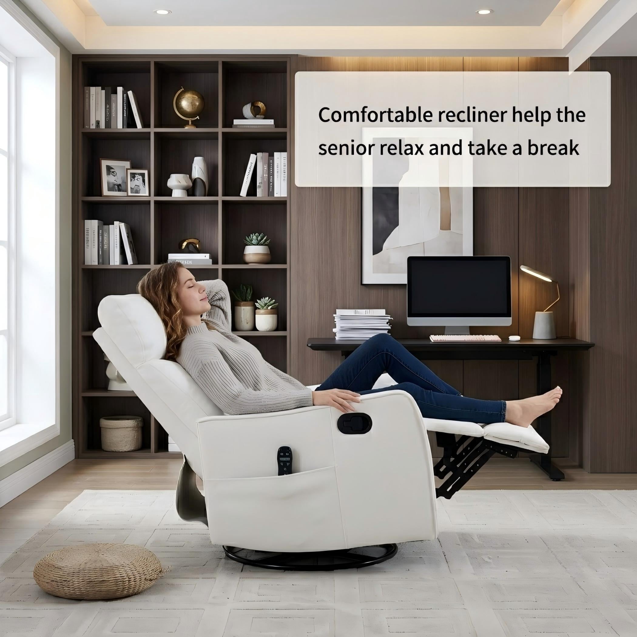 Aukfa Massage Recliner Chair with Heat, Faux Leather 360° Swivel Rocker Recliner, Overstuffed Manual Reclining Glider Chair with Vibration, White