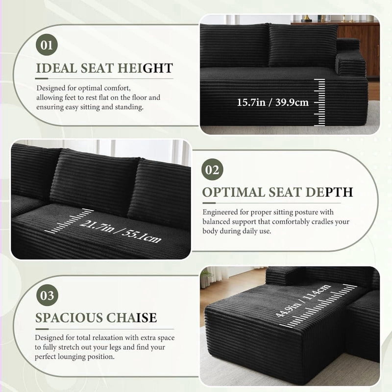 L-Shaped Cloud Sectional Sofa with Deep Seat, Modular Sofa Couch with Chaise for Living Room Apartment, No Assembly Required, Right Facing
