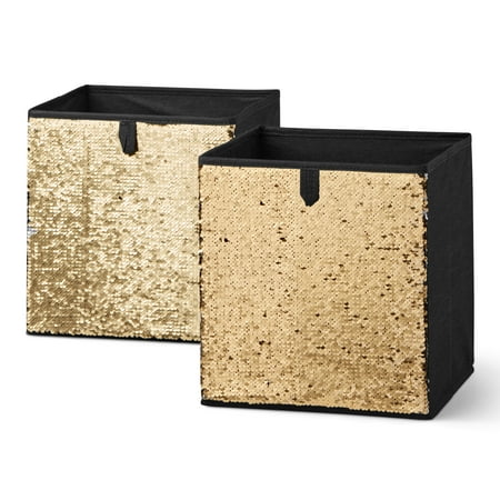 Mainstays 2.36 Gallon Reversible Sequin Collapsible Fabric Storage Bin, Black and Gold, Set of 2