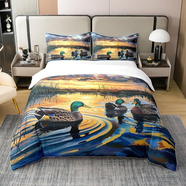 Juego de cama Queen Size 100% Algodón Rústico 3D Lago Cañas Paisaje Funda Nórdica para