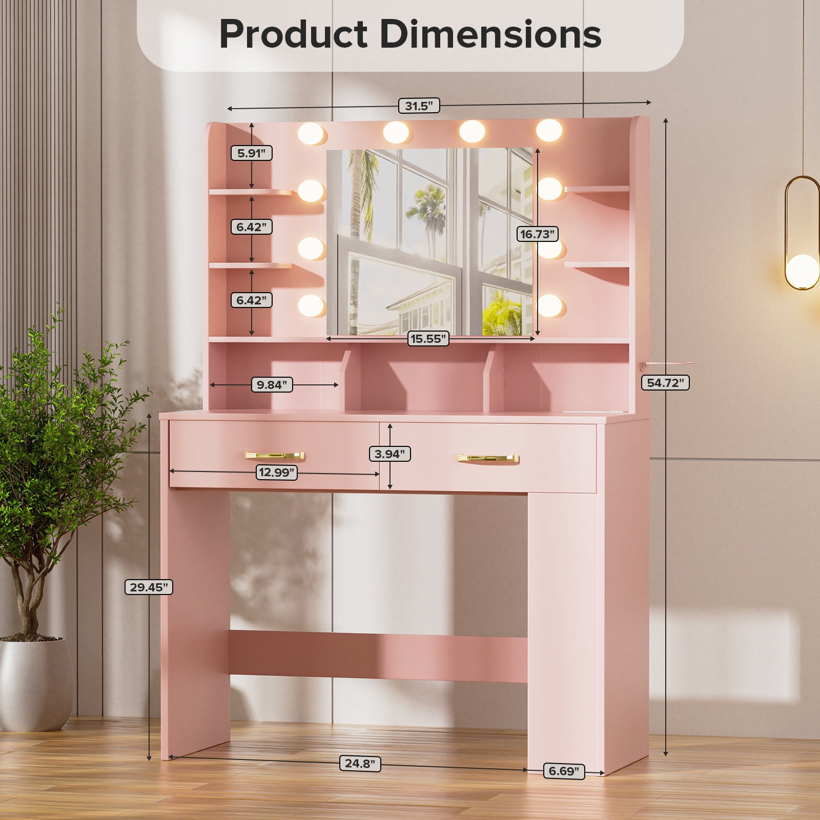 LUCKLIFE Vanity Desk with LED Lights Mirror & Power Outlet,Makeup Vanity Table for Women Girls Bedroom, Pink