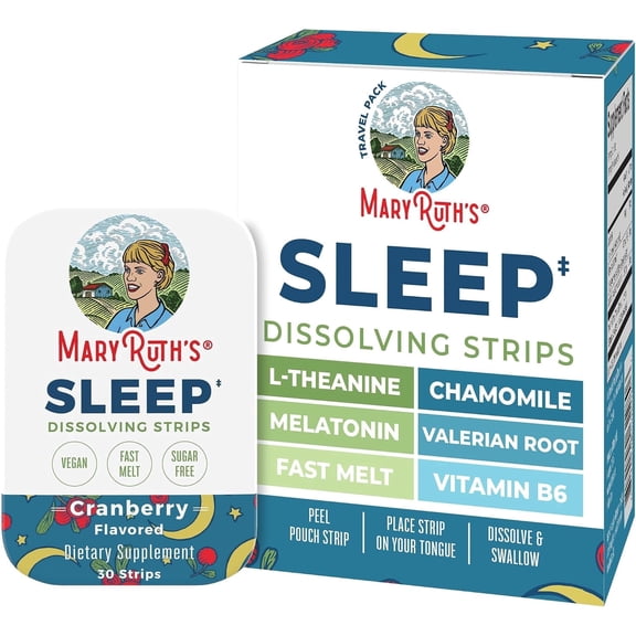 MaryRuth's Sleep Support Dissolving Strips, Chamomile, Melatonin 5mg, Valerian Root, Vitamin B6, Sugar Free, Cranberry Flavor, Vegan 30 Count