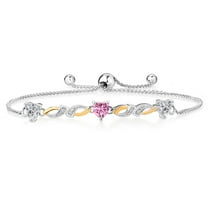 Gem Stone King 925 Silver and 10K Yellow Gold Lab Grown Diamond and Pink Moissanite Bracelet for Women | 1.41 Cttw | Gemstone April Birthstone | Heart Shape 5MM | Fully Adjustable 9 inch
