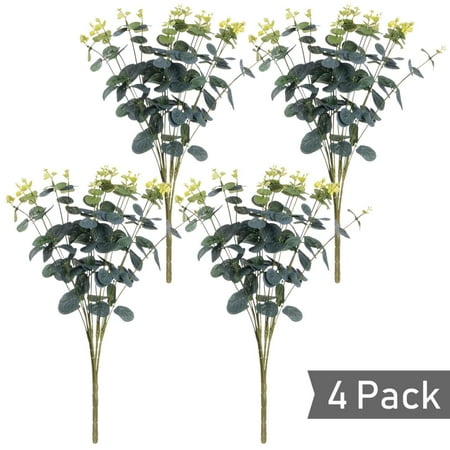 4 Pcs Artificial Silver Dollar Eucalyptus Leaf Branches, Fake Greenery Foliage Plants with Total 20 Stems for Garden, Wedding, Home, Outdoor/Indoor