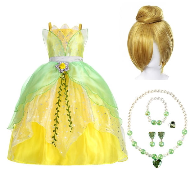 Disfraz de princesa Tiana de Disney para niñas, vestido de fiesta elegante, flor verde, campana, varita, vestidos de cumpleaños para niños pequeños zhangyuxiang unisex