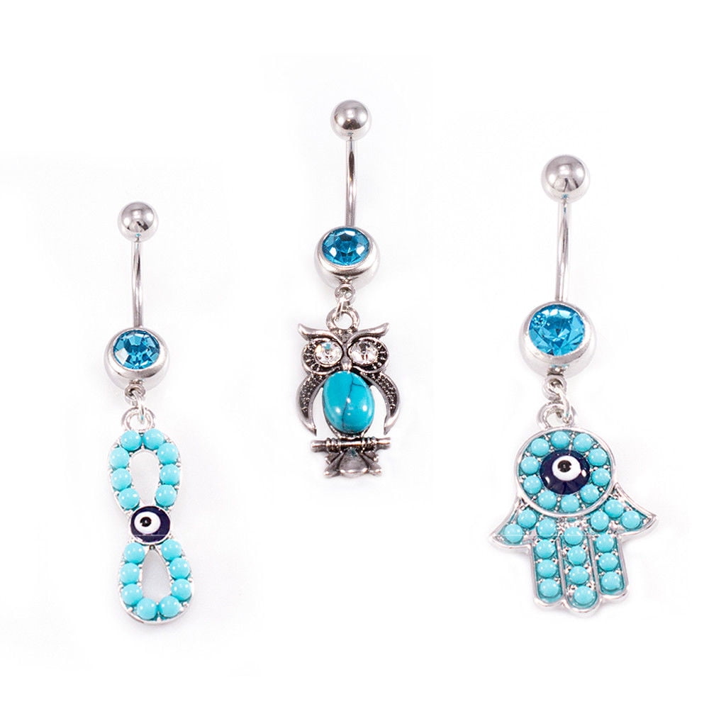 Belly Button Ring Pack of 3 Tree of life Infinite love Hamsa Hand Anchor Owl