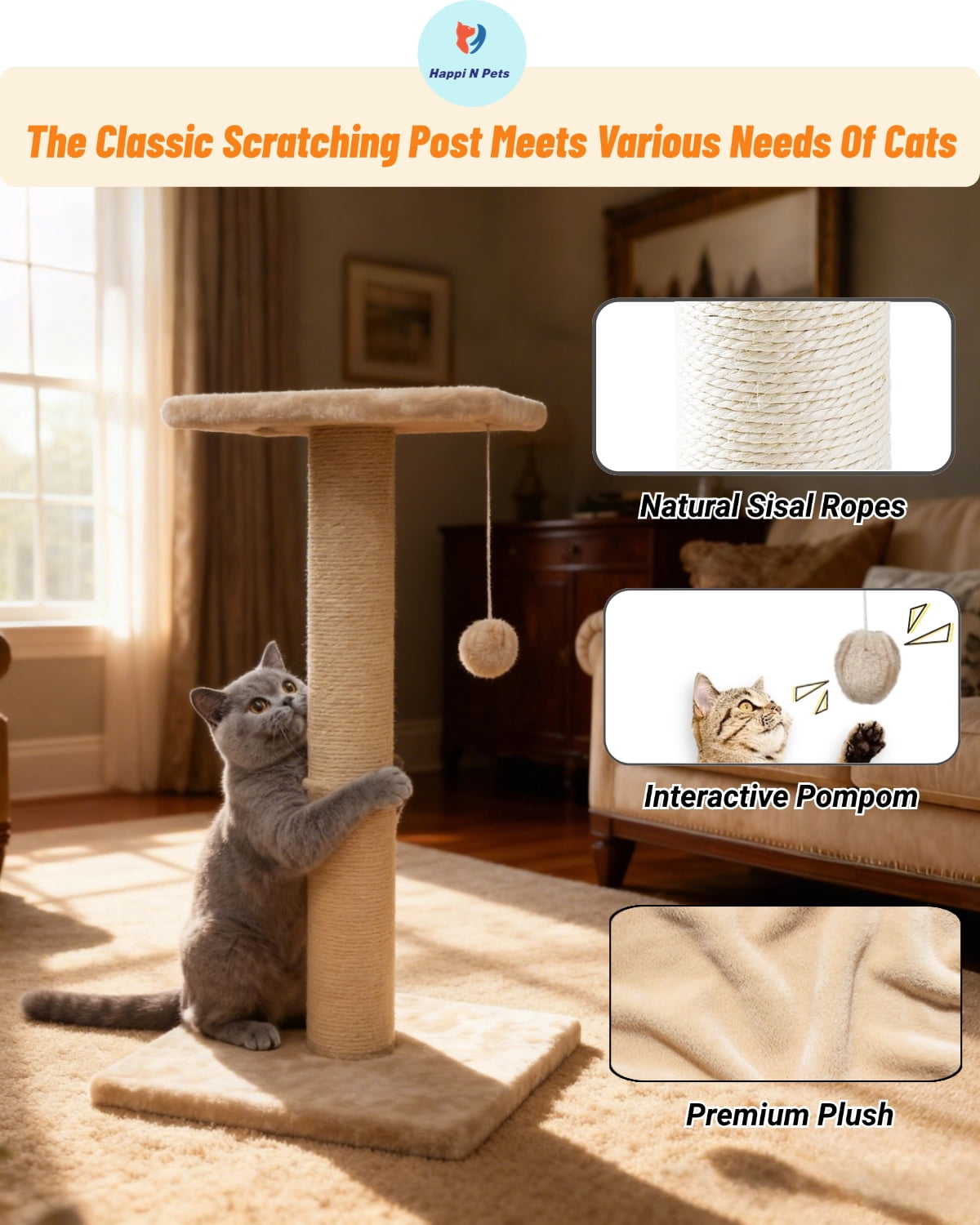 Happi N Pets 26" Cat Scratching Post with Platform, Cat Tree Tower Featuring with Hanging Balls & Cozy Cat Perch, Stable Cat Scratch Posts-Beige