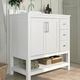 thumbnail image 3 of Emma + Oliver 36 Inch Bathroom Vanity, Single Sink Cabinet with 2 Soft Close Doors, Open Shelf and 3 Drawers, Carrara Marble Finish Countertop, White, 3 of 12