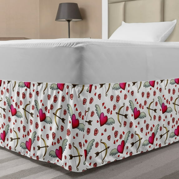 Valentines Day Bed Skirt, Love Symbols Winged Hearts and Flowers in Romantic Colors Repetition, Elastic Bedskirt Dust Ruffle Wrap Around for Bedding Decor, 4 Sizes, White Multicolor, by Ambesonne