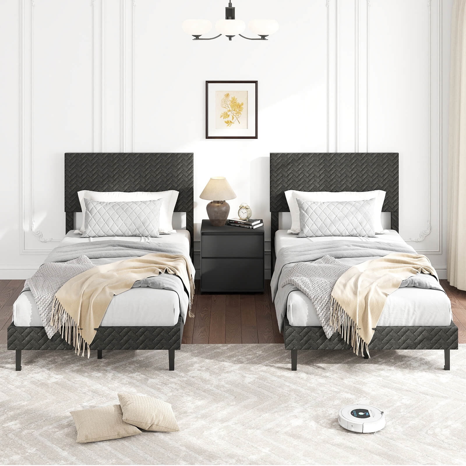 Costway Twin Size Bed Frame with Height Adjustable Chevron Headboard, No Box Spring Needed Gray