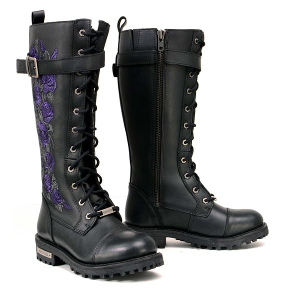 Milwaukee Leather MBL9357 Women's Black 14” Tall Motorcycle Boots Lace-Up High-Rise Purple Embroidered Leather Shoe 8