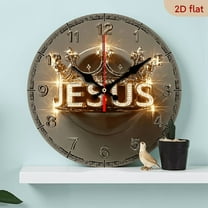 2D Flat 1pc 10Inch Wooden Silent Wall Clock with Golden Crown Jesus Design - Round Wooden Frameless Clock, Battery Operated (AA Not Included) - Ideal for Living Room, Bedroom, Kitchen, Home Office