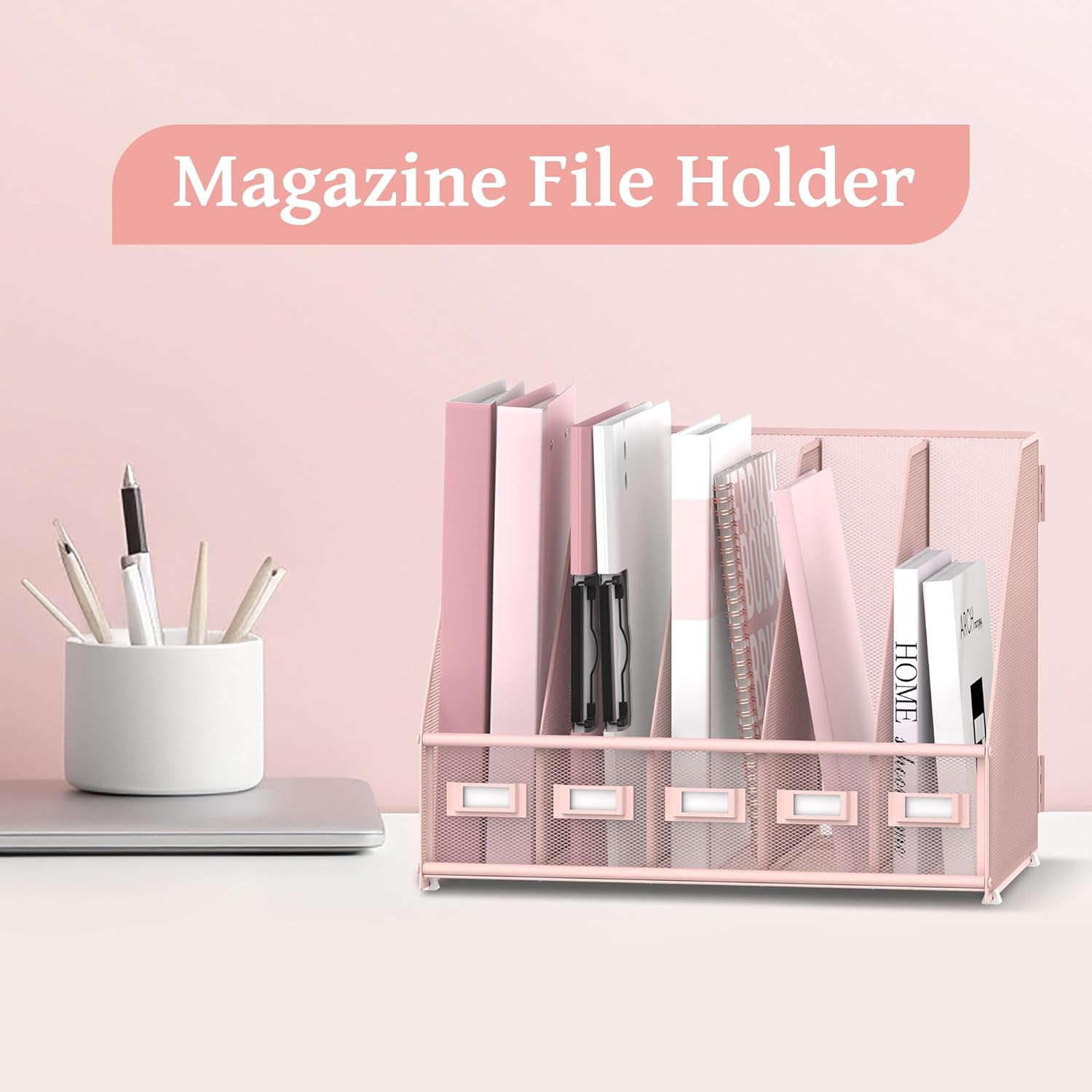 INTIGE Metal Mesh Desk Organizer Magazine File Rack with 5 Vertical Compartments, Pink, 1 Piece