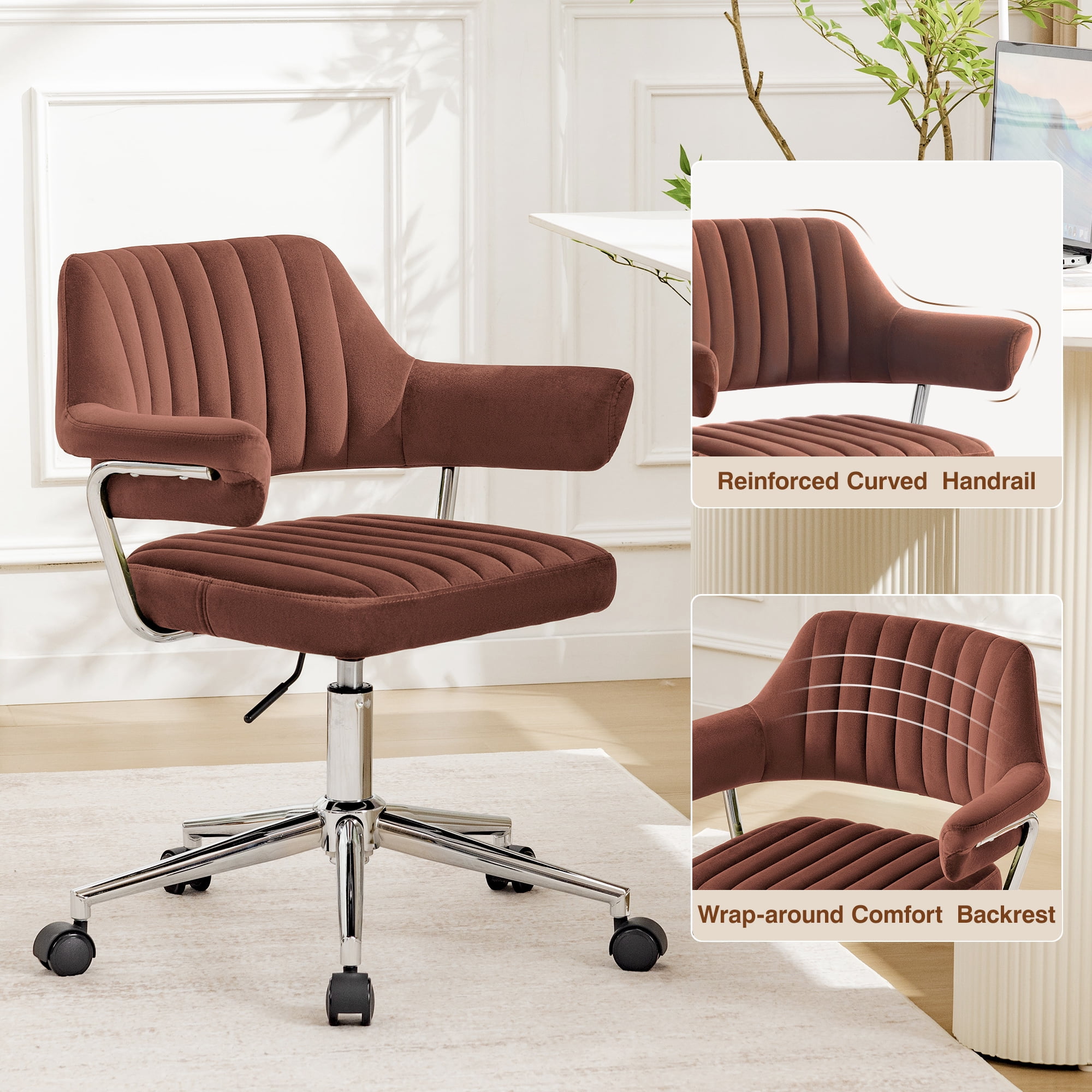 COOLHUT Modern Swivel Office Desk Chair, Velvet Leather Chair with Back and Wheels, Height Adjustable Comfy Home Office Chair, Simple Assembly For Living Room, Bed Room, Rust Red