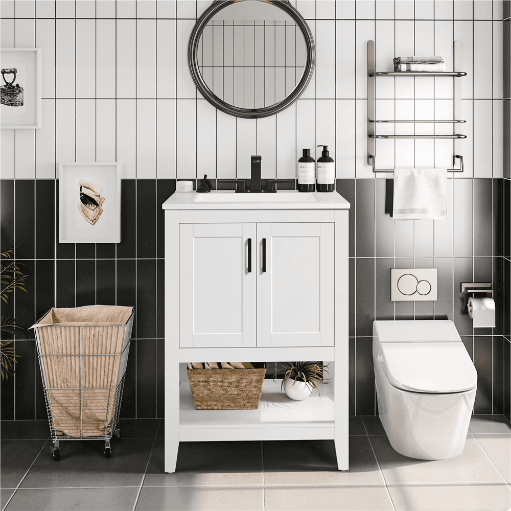 Alden Design 34" Wooden Bathroom Cabinet Vanity with Ceramic Vessel Sink, White