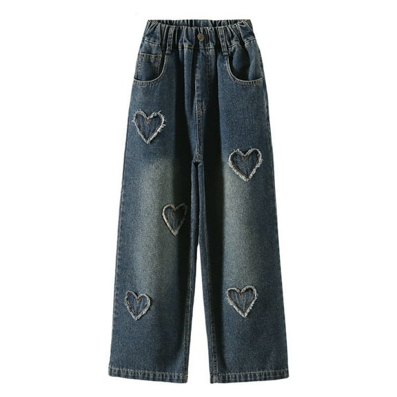 MIXUE Toddler Girls Pants Wide Leg Jeans Heart Embroidery Denim Vintage Loose Fit Baggy Casual Straight Leg With Pockets Outwear,Blue,4-5 Years