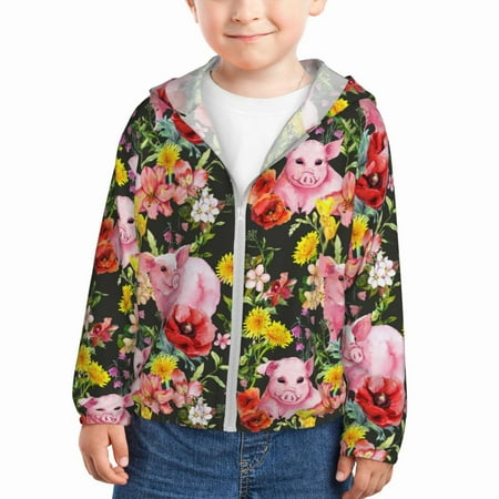 

Ocsxa Cute Pigs Sunflower Print Kids Active Zipper Sun Protection Jacket Boys Girls Hooded Cooling Shirt-5 Years