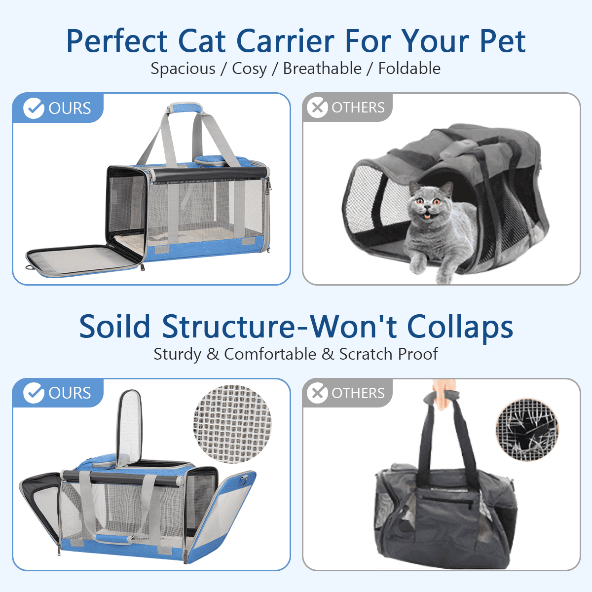 Cat Carriers for Medium Cats Under 25 lbs, Pet Carrier for Cats Dog with Top Bag/Fodable Bowl/Washable Pad, Soft-Sided Escape Proof with 4 Ventilated Windows, Blue