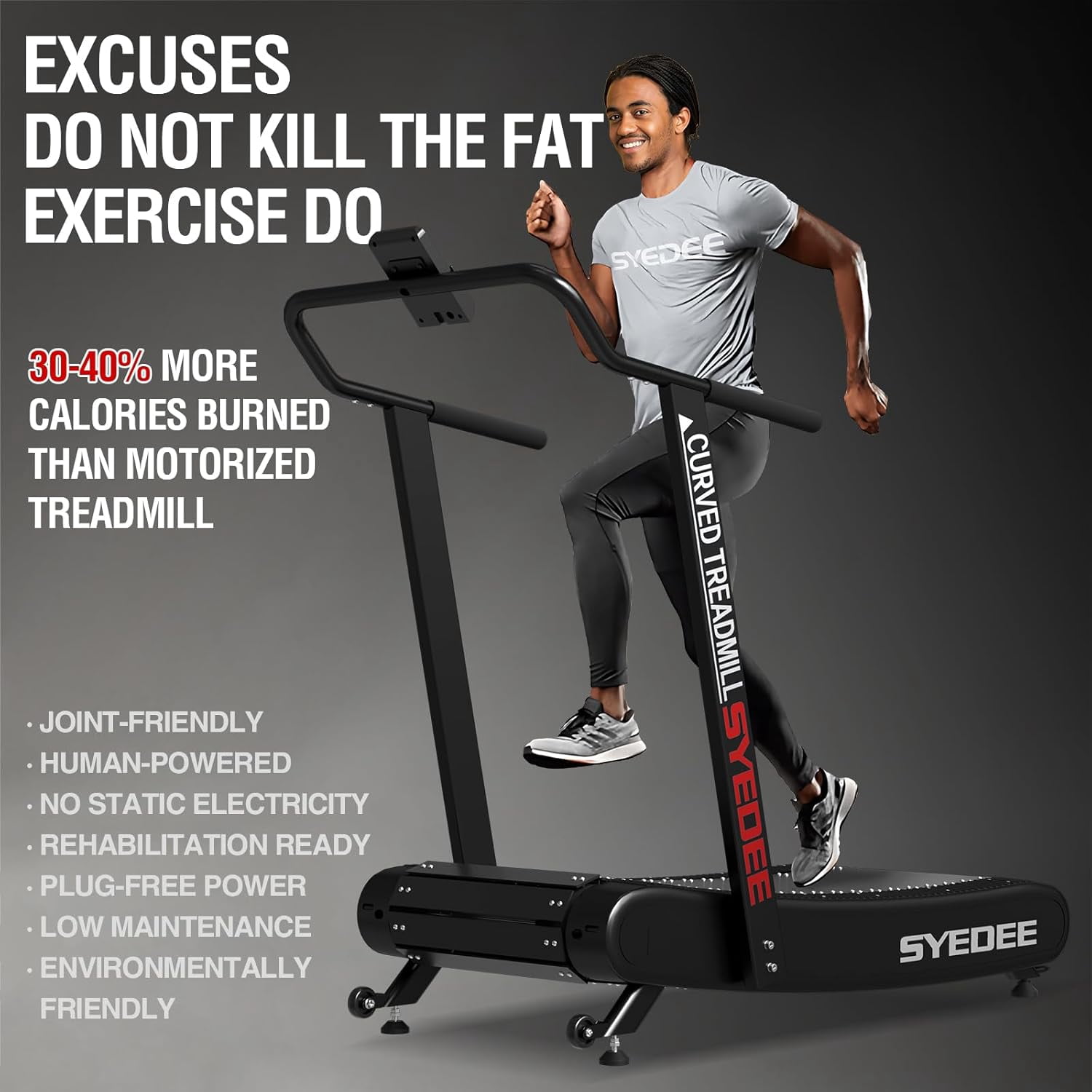 Syedee Premium Portable Curved Manual Treadmill, Motorless Treadmill for Marathon, Air Running with Digital Monitor, Handlebar and Non-Slip Belt, Treadmill for Home Gym, Cardio Equipment